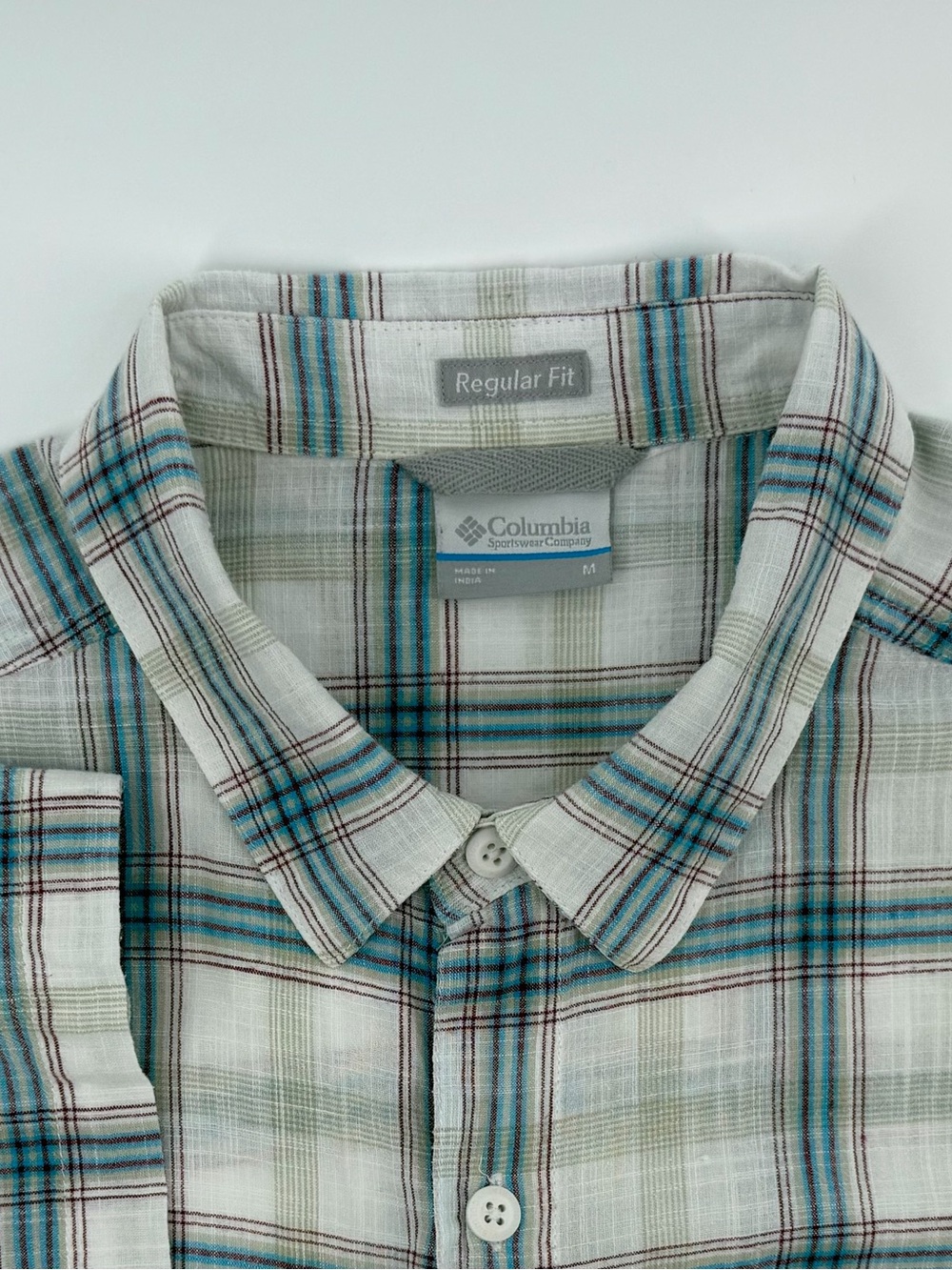 Columbia Men's Plaid Button-Down Shirt - White, Teal & Light Green Men’s M